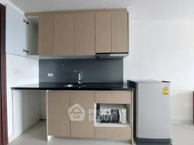Modern compact kitchen with sleek cabinetry and appliances in a stylish apartment.