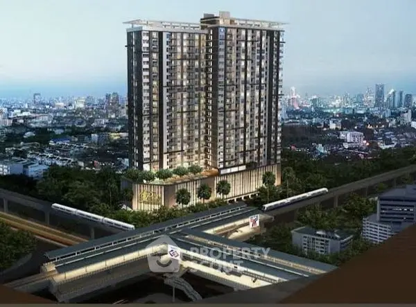 Stunning high-rise building with panoramic city views and convenient transport access.