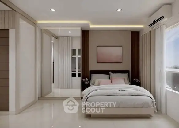 Modern bedroom with large window and mirrored wardrobe in stylish apartment.