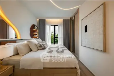 Luxurious modern bedroom with elegant lighting and large window view.