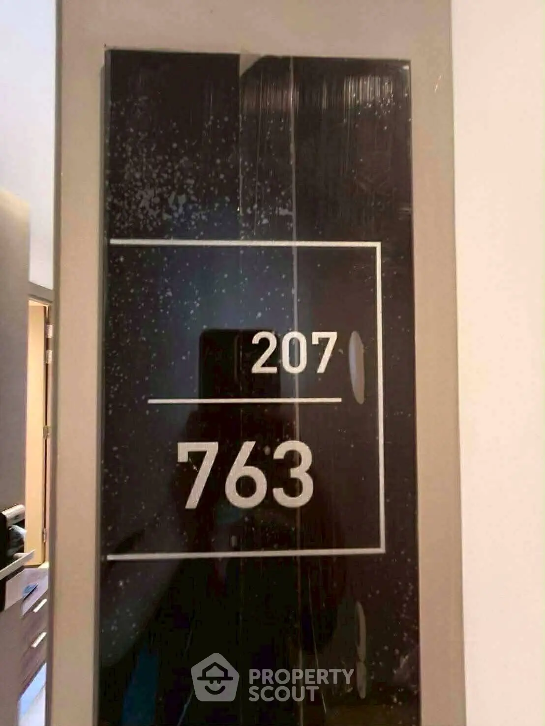 Modern apartment door with unit number 207 and 763, sleek design.