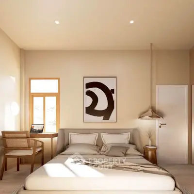 Modern bedroom with cozy decor and natural light, featuring a stylish bed and a small workspace.