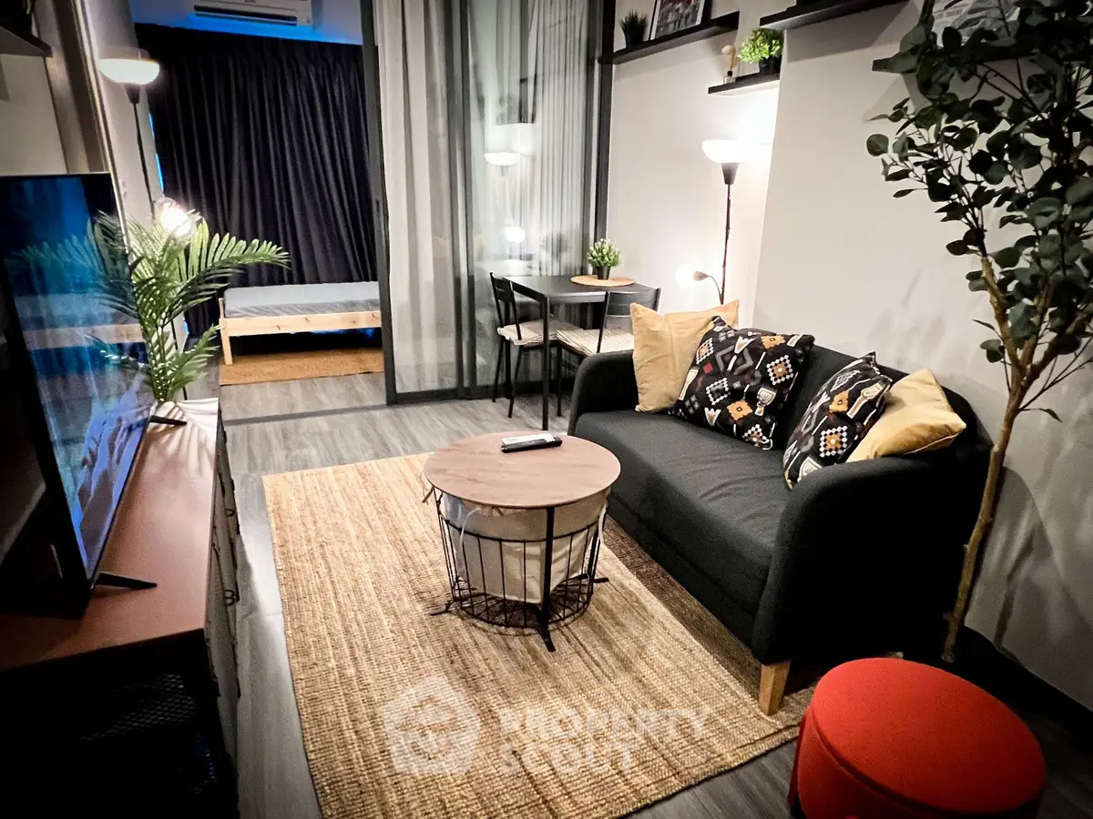 Modern living room with stylish decor and cozy seating area