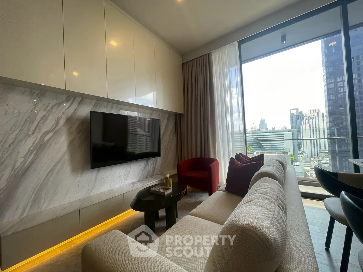 Luxurious modern living room with city view, elegant furniture, and floor-to-ceiling windows.