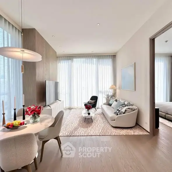 Luxurious modern living room with elegant dining area and natural light