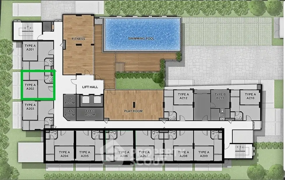 Modern apartment complex floor plan with pool and fitness center