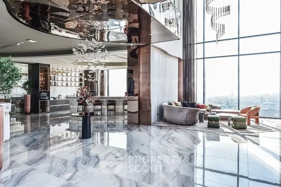 Luxurious modern living room with panoramic city views and elegant decor