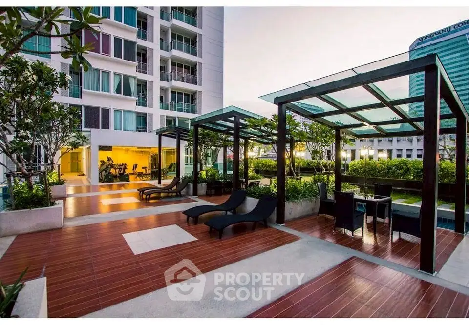 Luxurious rooftop terrace with modern pergolas and city views