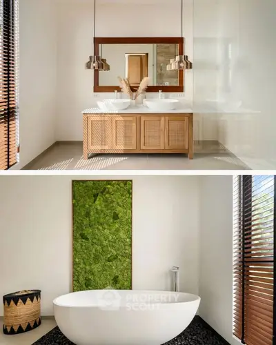 Luxurious modern bathroom with freestanding tub and dual sinks, featuring elegant decor and natural light.