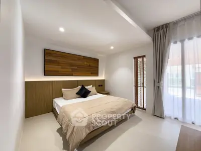 Modern bedroom with stylish wooden accents and natural light