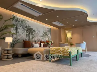 Luxurious living room with modern decor and elegant lighting, featuring stylish furniture and artistic wall design.