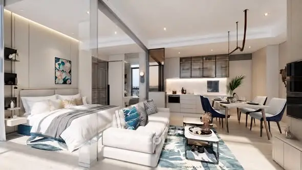 Luxurious modern studio apartment with open layout, stylish decor, and elegant dining area.