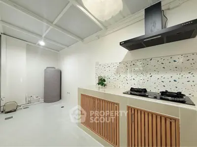 Modern kitchen with gas stove and terrazzo backsplash in bright interior