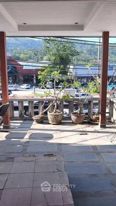 Charming balcony with potted plants and scenic street view, perfect for relaxation.