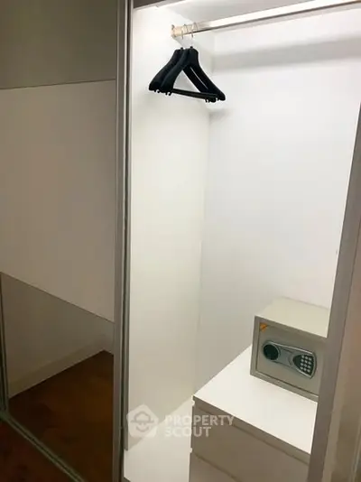 Spacious walk-in closet with safe and hangers in modern home.