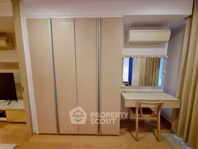 Modern bedroom with built-in wardrobe and stylish vanity area