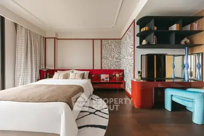 Luxurious modern bedroom with stylish decor and elegant furnishings, featuring a cozy bed and unique wall design.