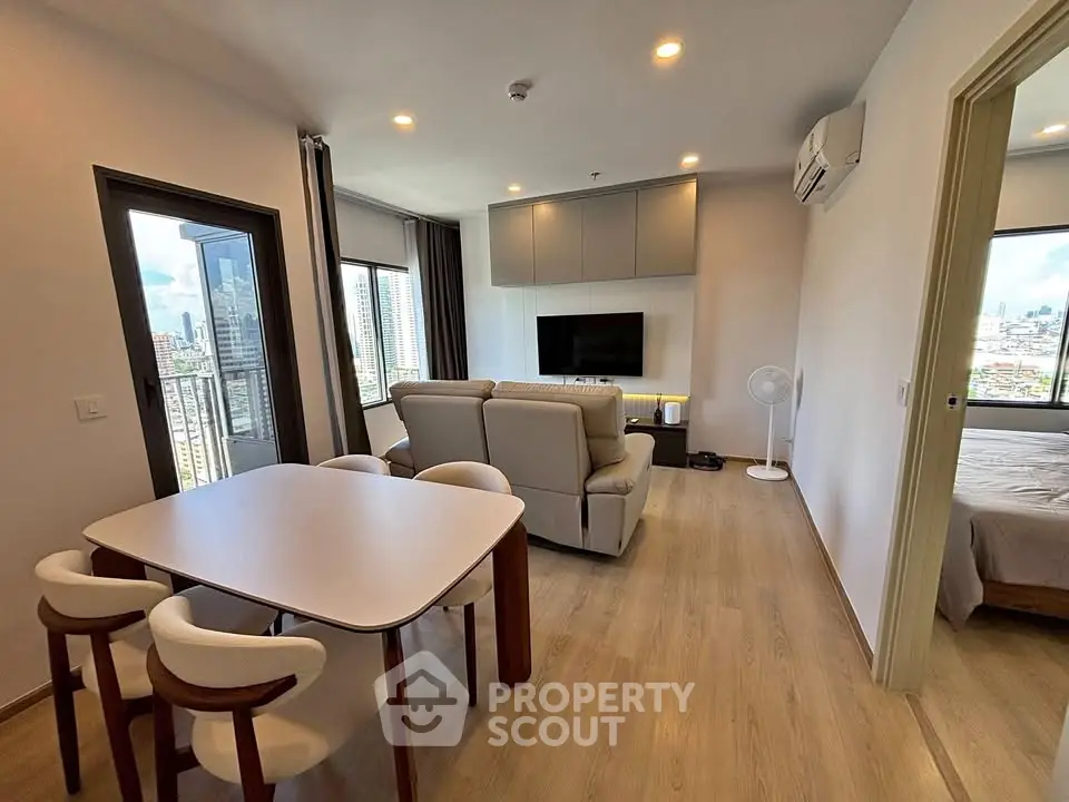 Modern living room with city view, featuring stylish furniture and open layout, perfect for urban living.