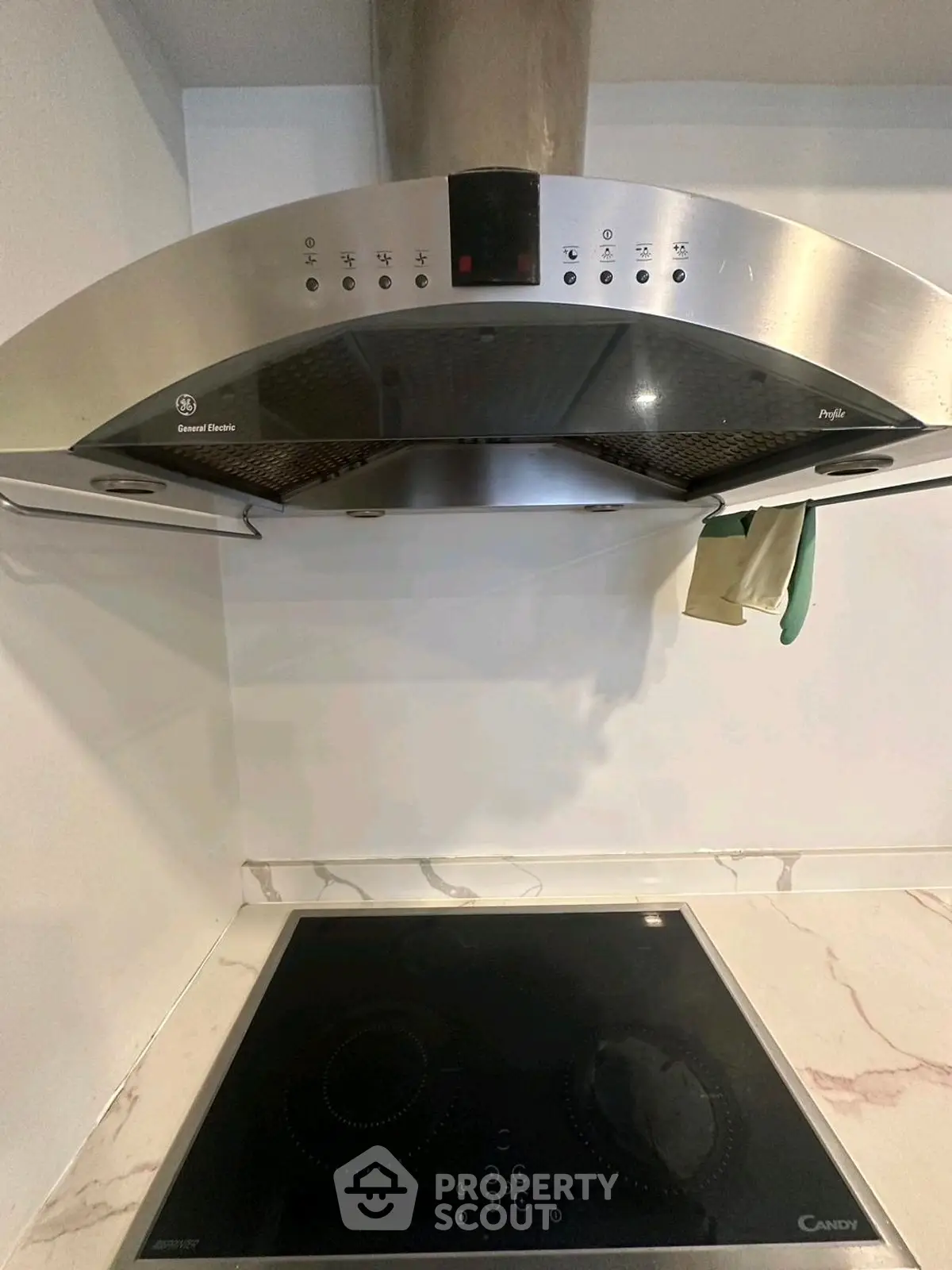 Modern kitchen with sleek stainless steel range hood and electric cooktop