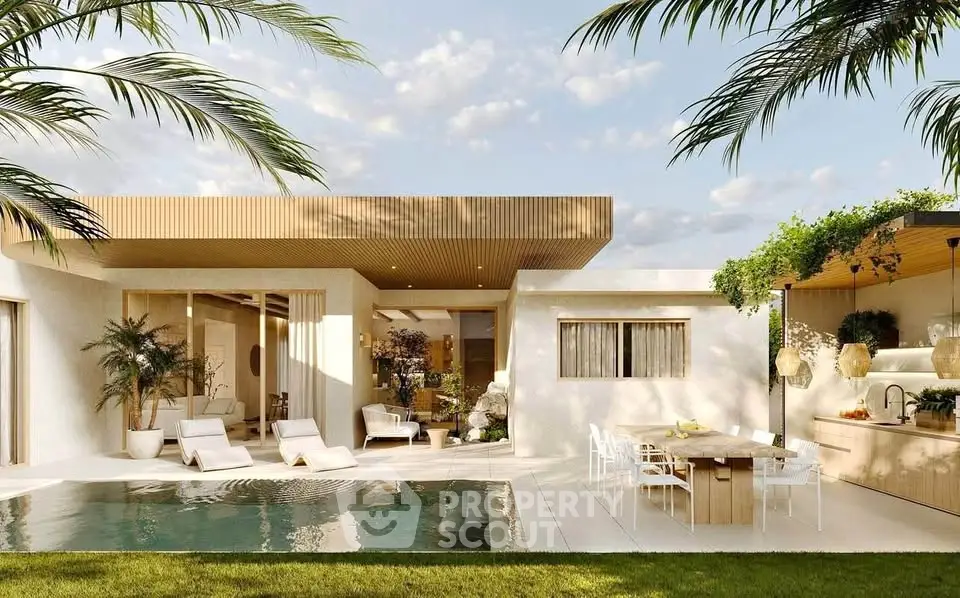 Luxurious modern villa with pool and outdoor dining area, surrounded by lush greenery.