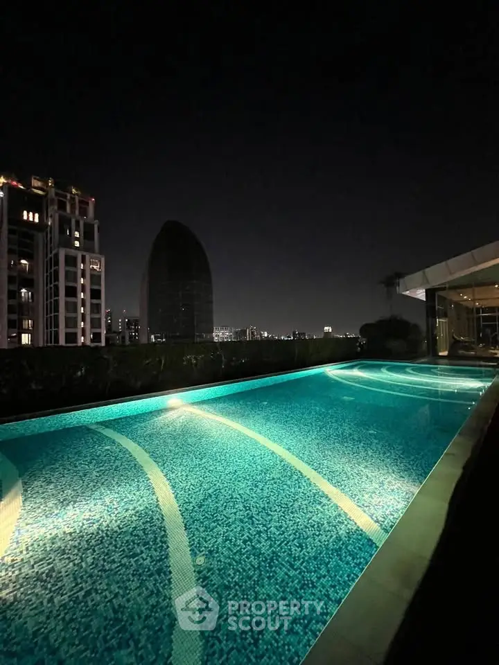 Luxurious rooftop pool with stunning city skyline view at night, perfect for relaxation and entertainment.