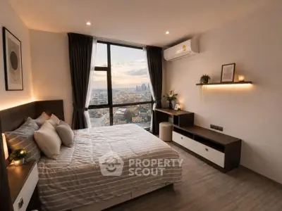 Modern bedroom with city view, featuring stylish decor and large windows for natural light.