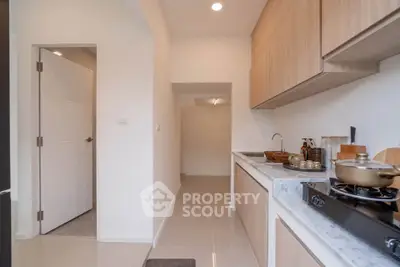 Modern kitchen with sleek cabinetry and gas stove in a cozy apartment
