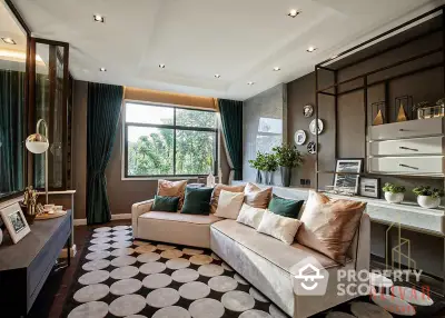 Elegant living room with plush seating, modern decor, and a sophisticated color palette, complemented by a large window offering natural light.