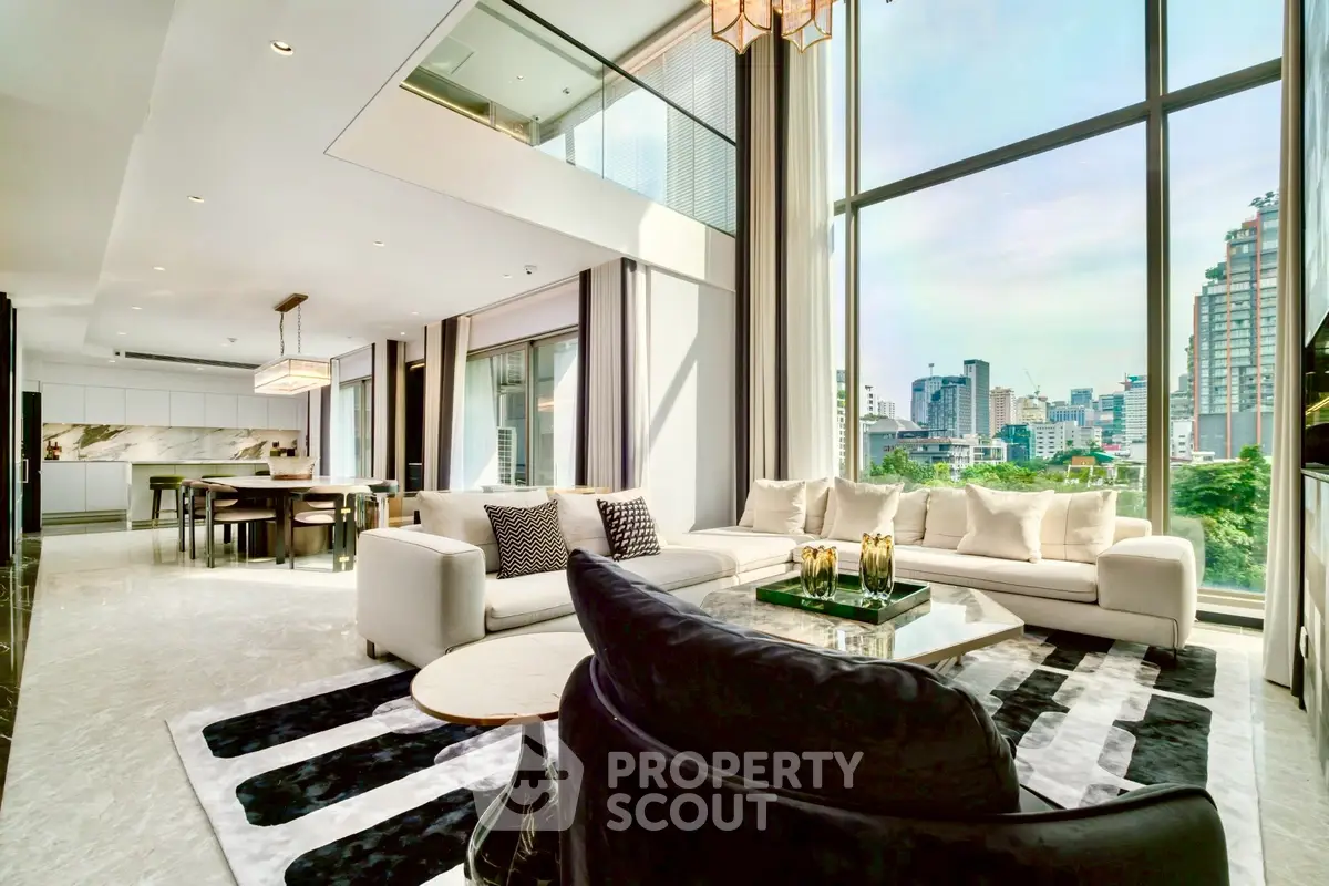Luxurious modern living room with stunning city view and elegant decor