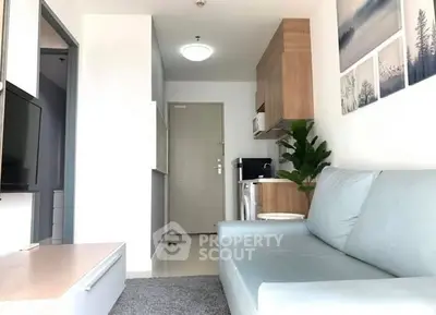 Modern living room with cozy sofa and compact kitchen in stylish apartment.