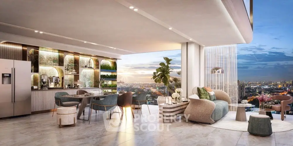 Luxurious open-plan living room with stunning city view and modern decor