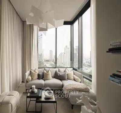 Luxurious living room with panoramic city views and modern decor