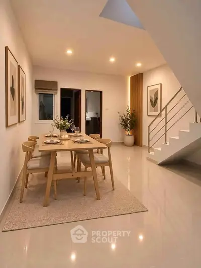 Elegant dining area with modern decor and staircase in a stylish home interior.