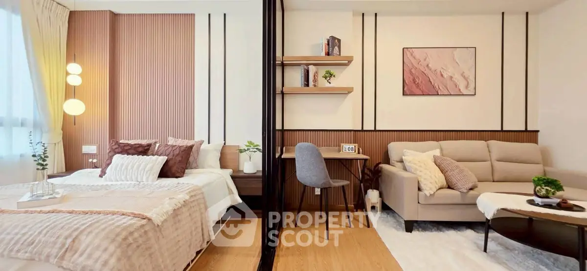 Modern studio apartment with cozy bedroom and stylish living area, featuring elegant decor and natural light.