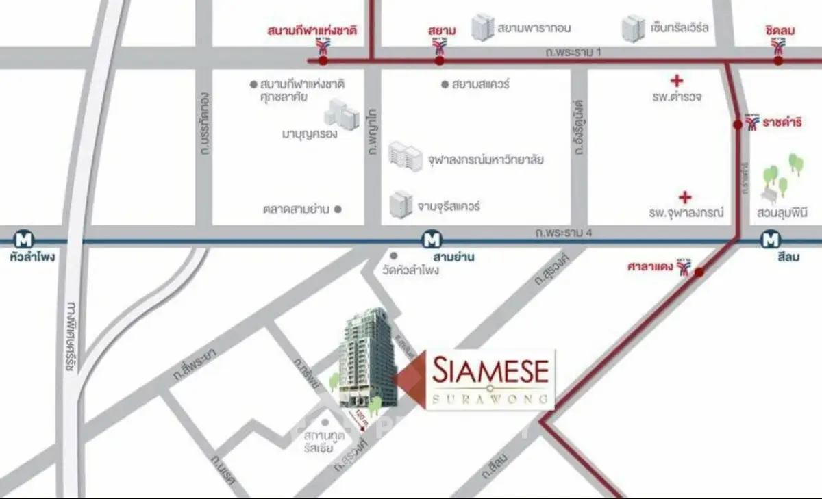 Map showing location of Siamese Surawong with nearby amenities and metro stations.