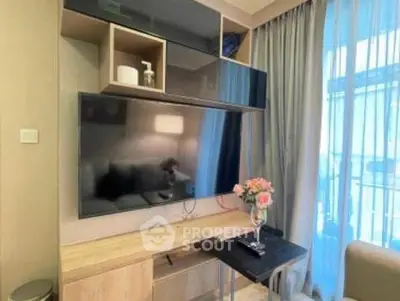 Modern living room with sleek TV setup and elegant decor