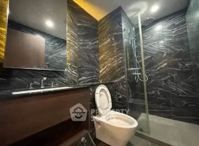 Luxurious modern bathroom with elegant black marble walls and sleek fixtures.