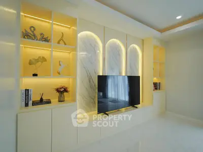 Modern living room with elegant built-in shelves and stylish TV setup