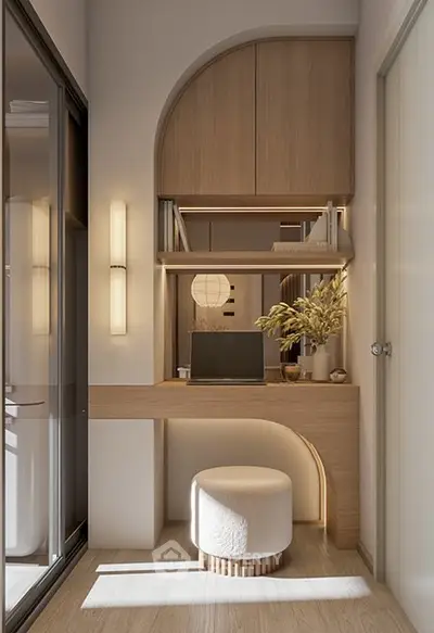 Stylish modern study nook with wooden desk, elegant lighting, and decorative elements for a cozy workspace.