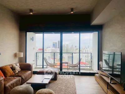 Modern living room with stunning city view and stylish furniture in high-rise apartment.