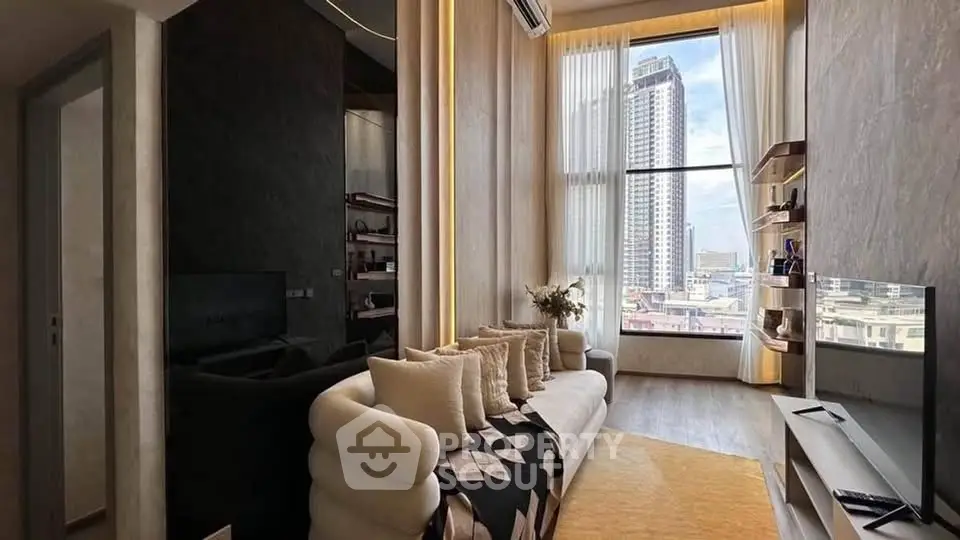 Luxurious modern living room with high ceilings and stunning city view