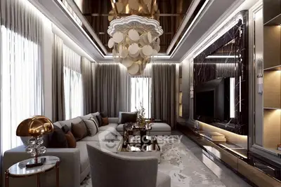 Luxurious modern living room with elegant chandelier and plush seating