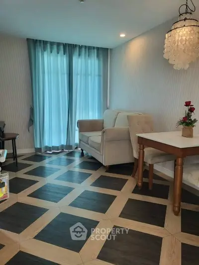 Stylish living room with modern decor and unique flooring design