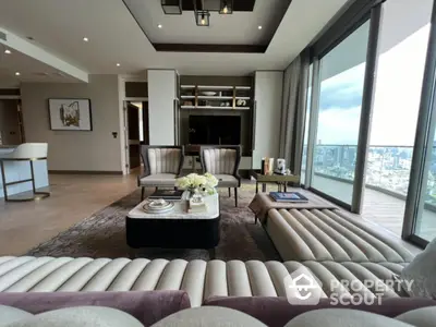 Luxurious modern living room with panoramic city view and elegant furnishings