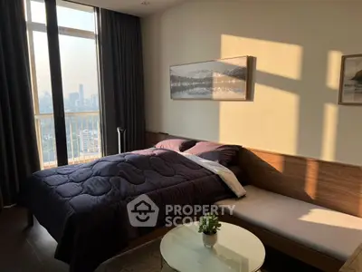 Modern bedroom with city view and stylish decor