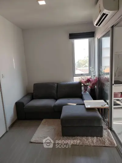 Cozy living room with modern gray sofa and natural light