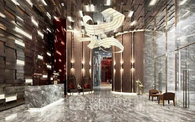Luxurious modern building entrance with elegant lighting and marble flooring.