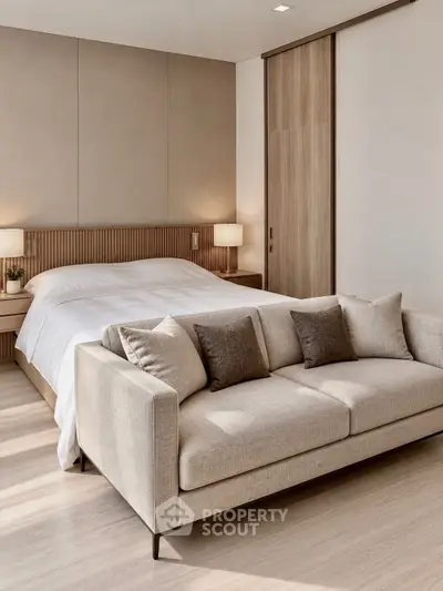 Luxurious modern bedroom with elegant decor and cozy seating area
