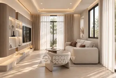 Luxurious modern living room with elegant decor and large windows offering natural light.