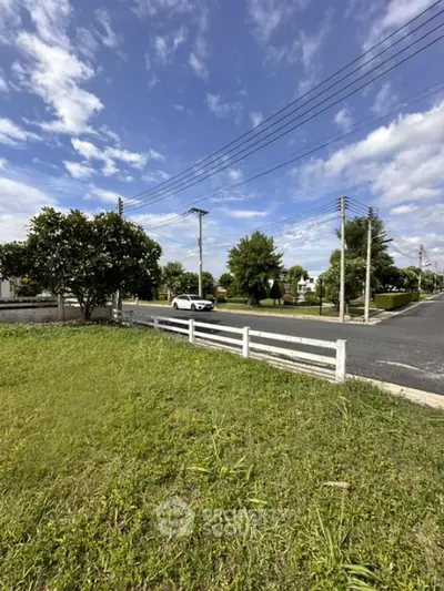 Charming suburban street view with lush greenery and clear skies